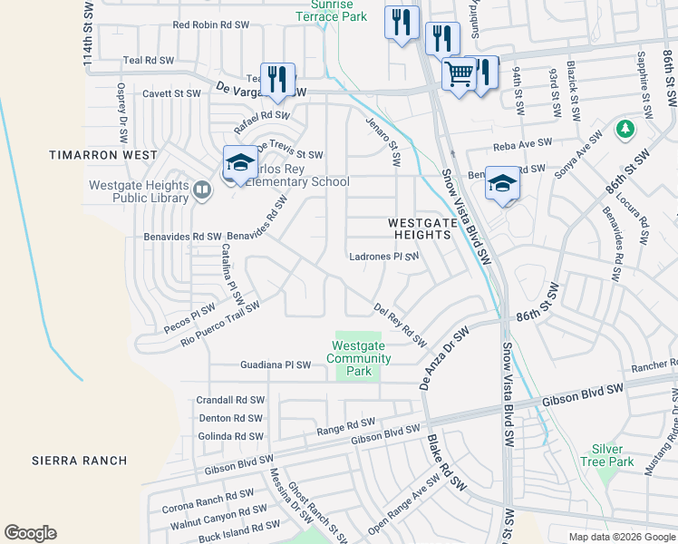 map of restaurants, bars, coffee shops, grocery stores, and more near 1301 Mimbres Street Southwest in Albuquerque