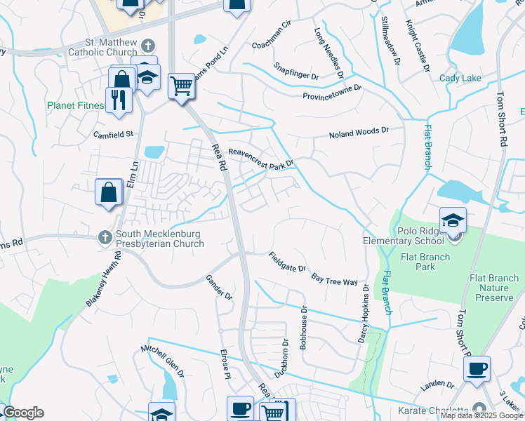 map of restaurants, bars, coffee shops, grocery stores, and more near 8855 Ormeau Drive in Charlotte