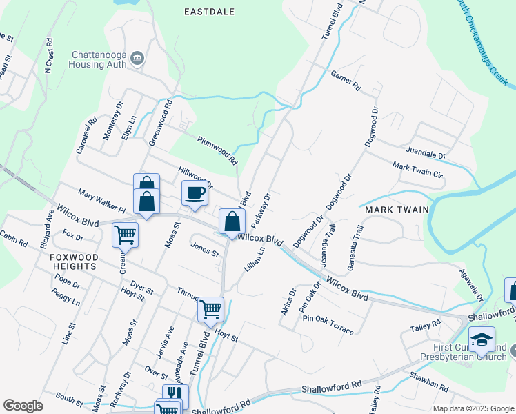 map of restaurants, bars, coffee shops, grocery stores, and more near 1804 Tunnel Boulevard in Chattanooga