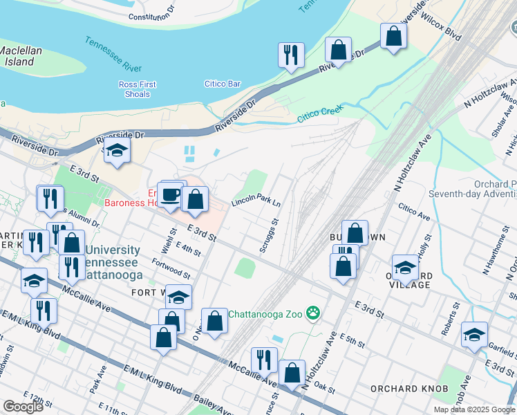 map of restaurants, bars, coffee shops, grocery stores, and more near 1122 Lincoln Park Lane in Chattanooga