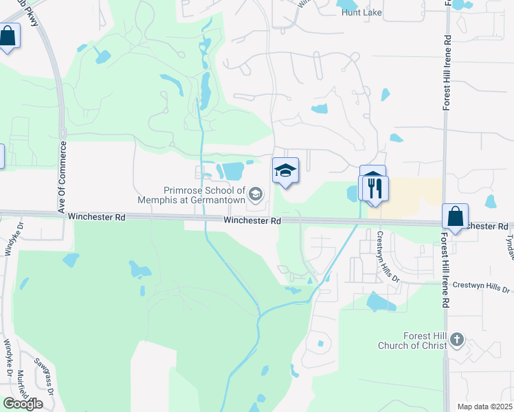 map of restaurants, bars, coffee shops, grocery stores, and more near 8750 Trail Lake Drive West in Memphis
