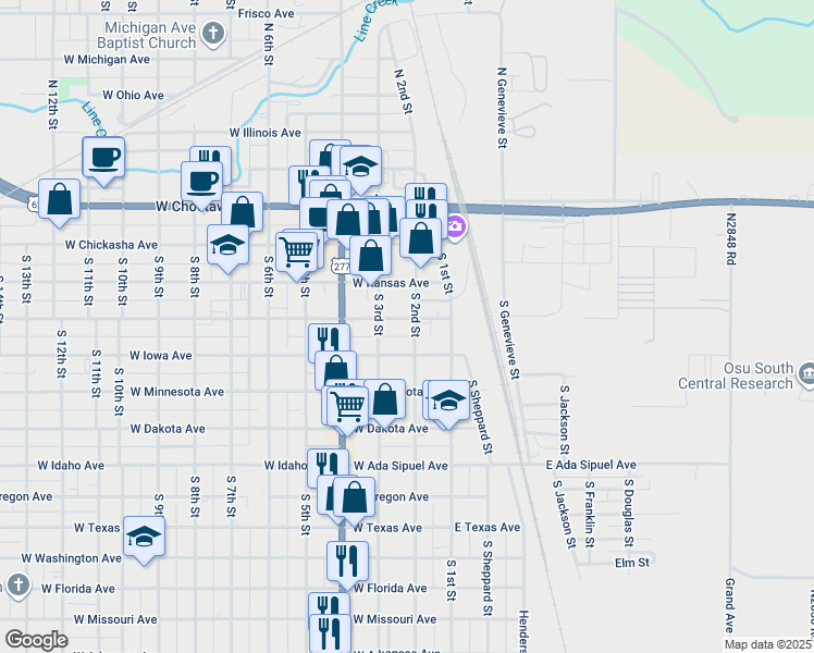 map of restaurants, bars, coffee shops, grocery stores, and more near 227 West Colorado Avenue in Chickasha