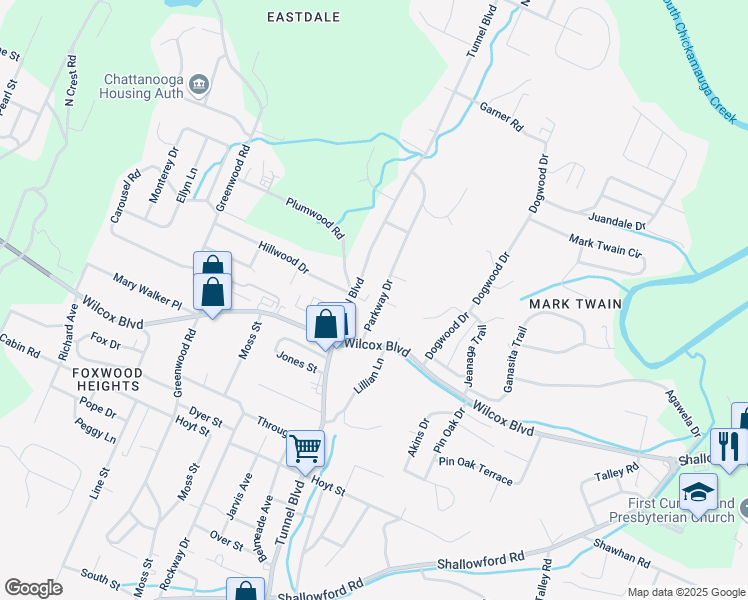map of restaurants, bars, coffee shops, grocery stores, and more near 1804 Tunnel Boulevard in Chattanooga