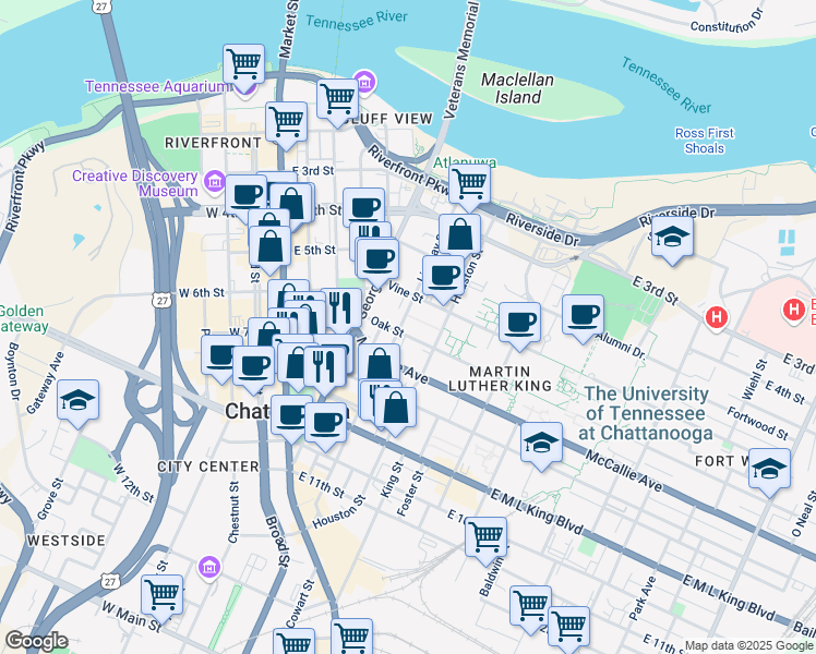 map of restaurants, bars, coffee shops, grocery stores, and more near 615 Lindsay Street in Chattanooga