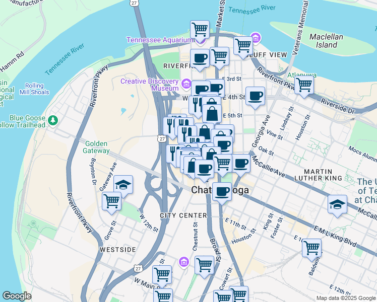 map of restaurants, bars, coffee shops, grocery stores, and more near 633 Chestnut Street in Chattanooga