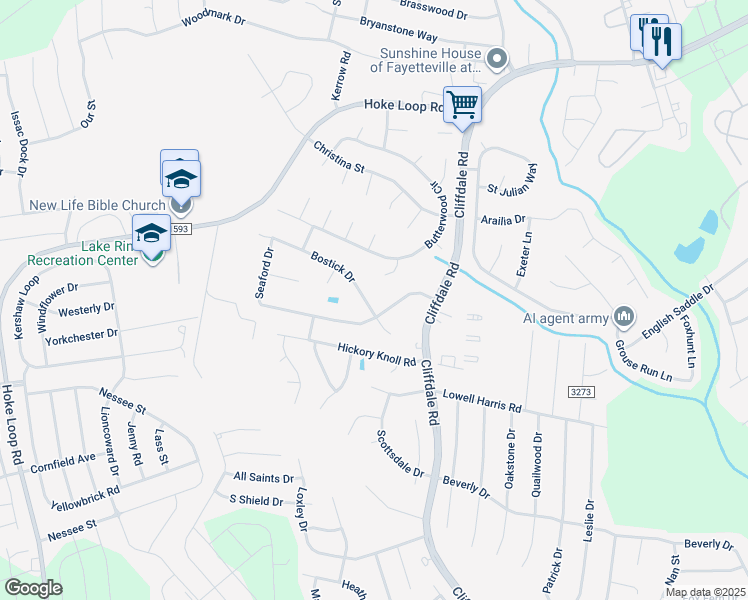 map of restaurants, bars, coffee shops, grocery stores, and more near 6995 Bostick Drive in Fayetteville