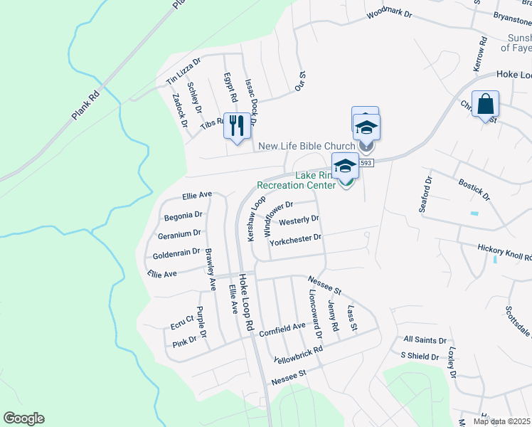 map of restaurants, bars, coffee shops, grocery stores, and more near 5044 Windflower Drive in Fayetteville