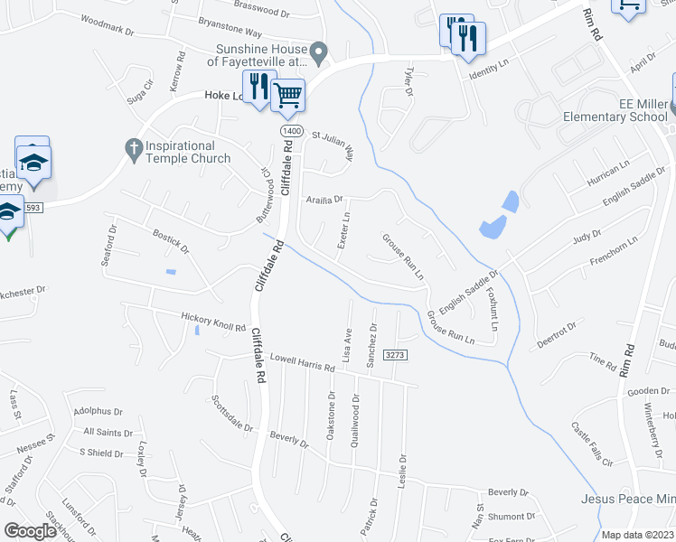 map of restaurants, bars, coffee shops, grocery stores, and more near 6904 Saint Julian Way in Fayetteville