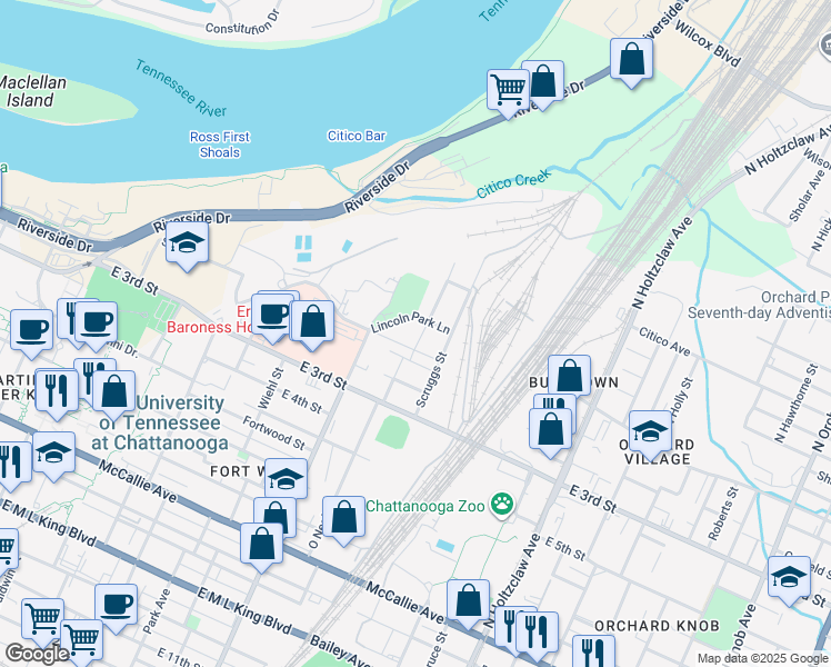 map of restaurants, bars, coffee shops, grocery stores, and more near 1122 Lincoln Park Lane in Chattanooga