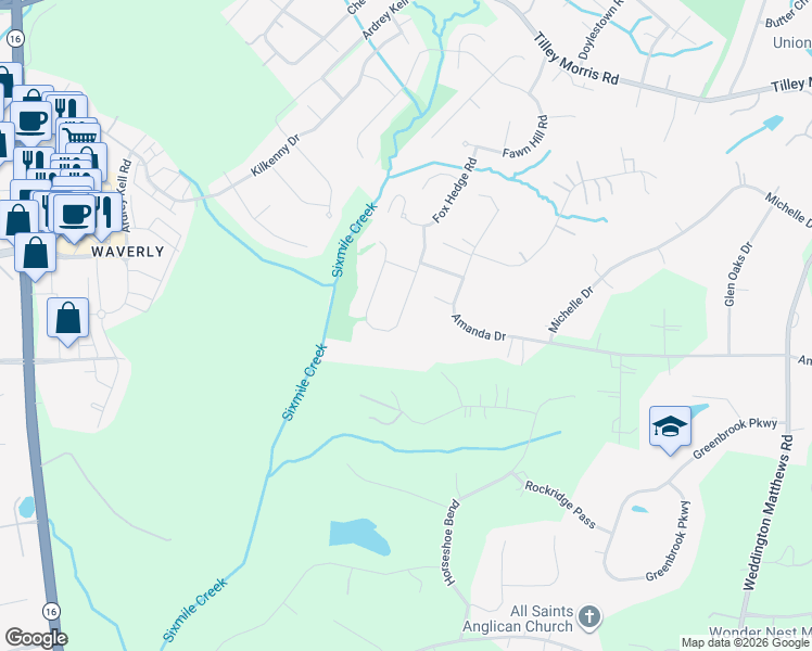 map of restaurants, bars, coffee shops, grocery stores, and more near 642 Hampshire Hill Road in Matthews