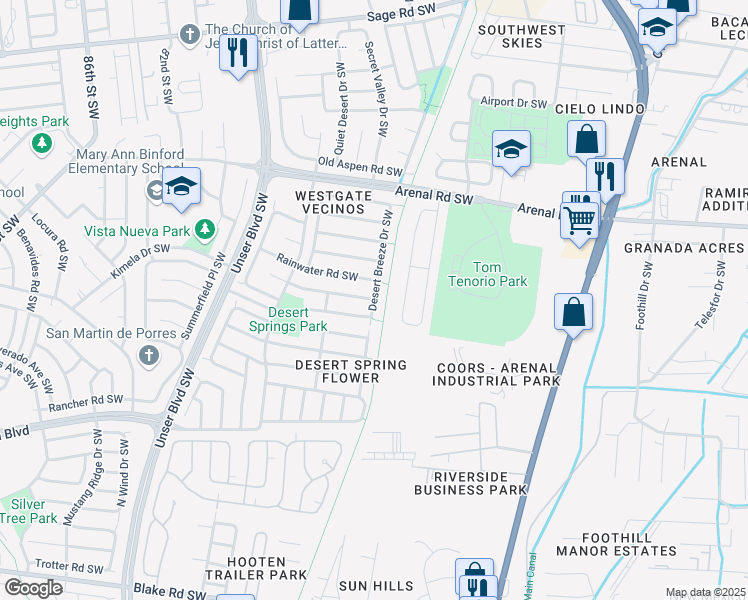 map of restaurants, bars, coffee shops, grocery stores, and more near 7200 Desert Canyon Place Southwest in Albuquerque