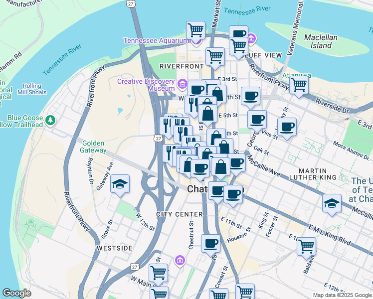 map of restaurants, bars, coffee shops, grocery stores, and more near in Chattanooga