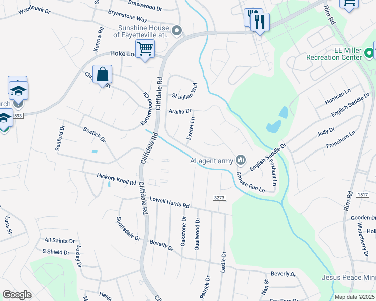 map of restaurants, bars, coffee shops, grocery stores, and more near 6904 Saint Julian Way in Fayetteville