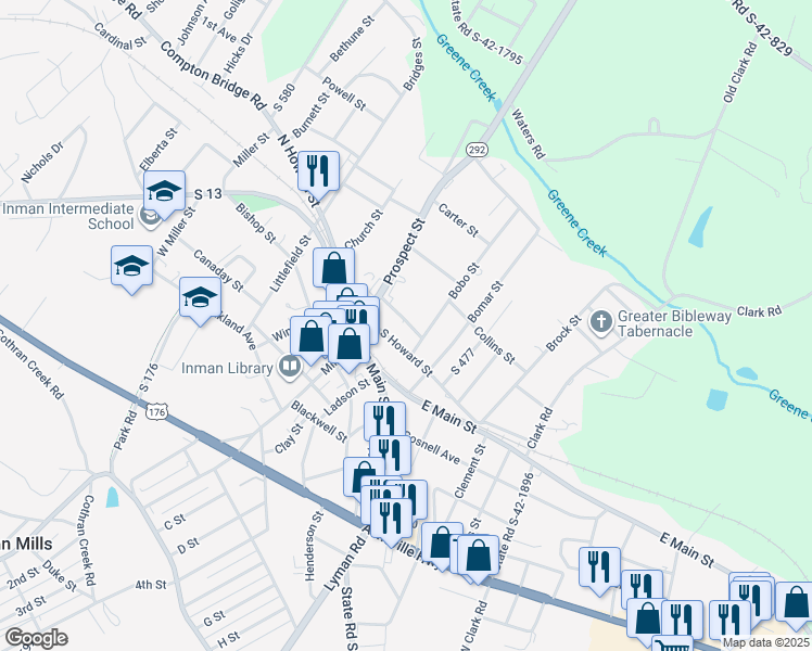 map of restaurants, bars, coffee shops, grocery stores, and more near 8 South Howard Street in Inman