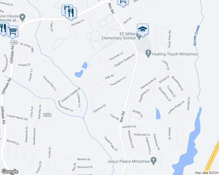 map of restaurants, bars, coffee shops, grocery stores, and more near 8261 Frenchorn Lane in Fayetteville
