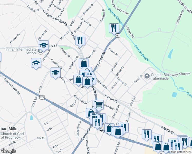 map of restaurants, bars, coffee shops, grocery stores, and more near 8 South Howard Street in Inman