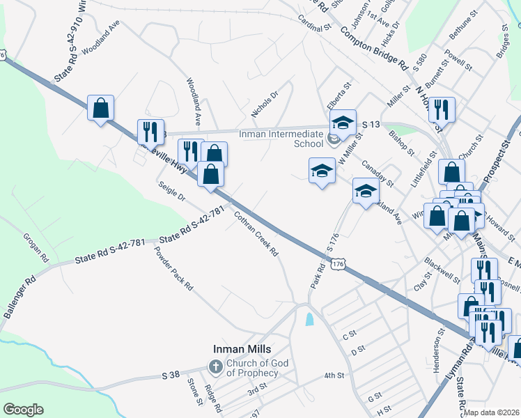 map of restaurants, bars, coffee shops, grocery stores, and more near 12820 Asheville Highway in Inman