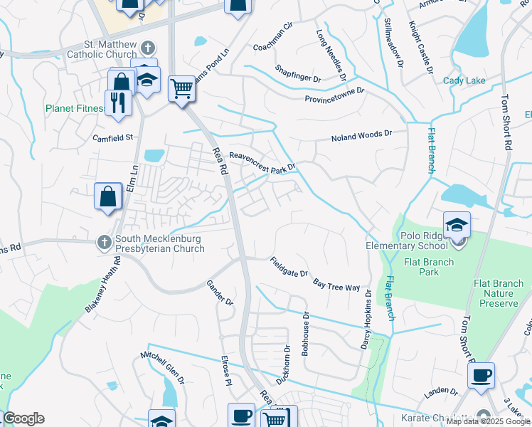 map of restaurants, bars, coffee shops, grocery stores, and more near 8111 Kincaid Court in Charlotte