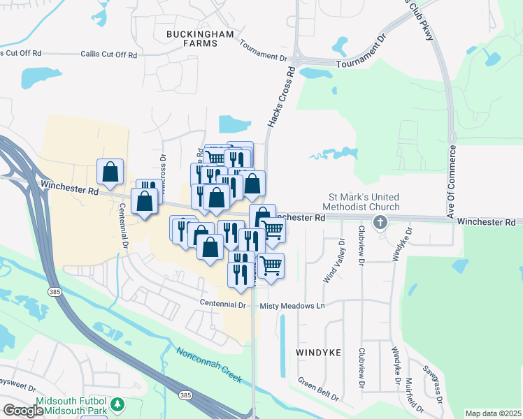 map of restaurants, bars, coffee shops, grocery stores, and more near 3690 Hacks Cross Road in Memphis