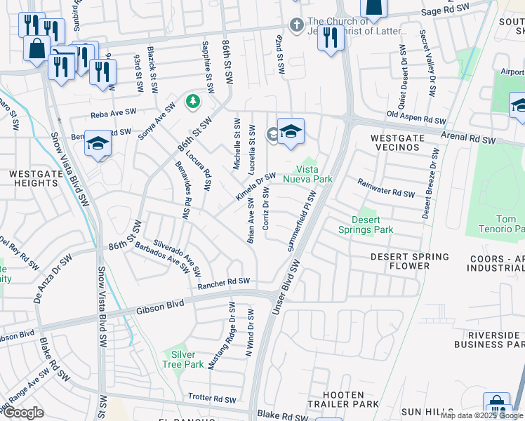 map of restaurants, bars, coffee shops, grocery stores, and more near 1512 Brian Avenue Southwest in Albuquerque
