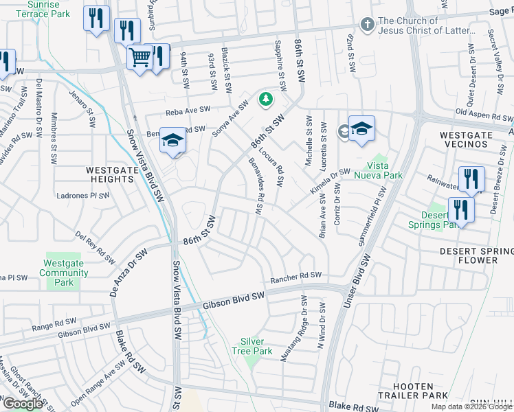 map of restaurants, bars, coffee shops, grocery stores, and more near 8901 Alexis Avenue Southwest in Albuquerque