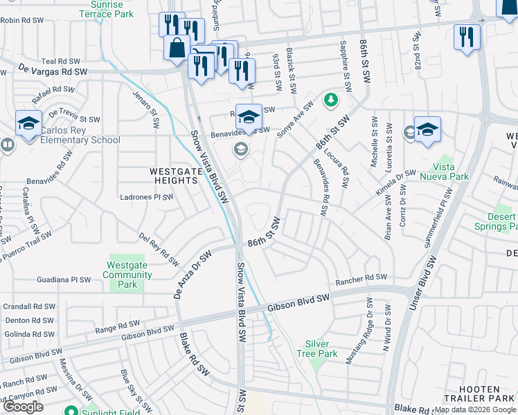 map of restaurants, bars, coffee shops, grocery stores, and more near 9209 Red Rock Road Southwest in Albuquerque