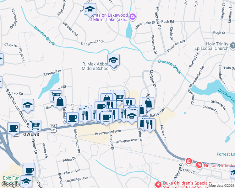 map of restaurants, bars, coffee shops, grocery stores, and more near 600 Executive Place in Fayetteville