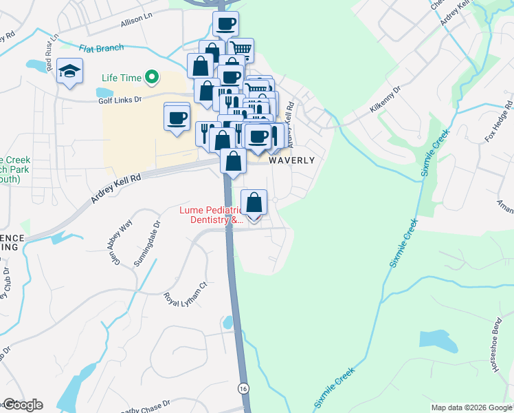 map of restaurants, bars, coffee shops, grocery stores, and more near 8928 Matthews Farm Lane in Charlotte