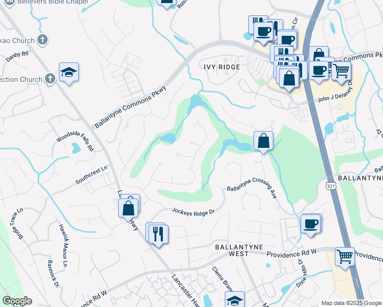 map of restaurants, bars, coffee shops, grocery stores, and more near 14720 Rudolph Dadey Drive in Charlotte