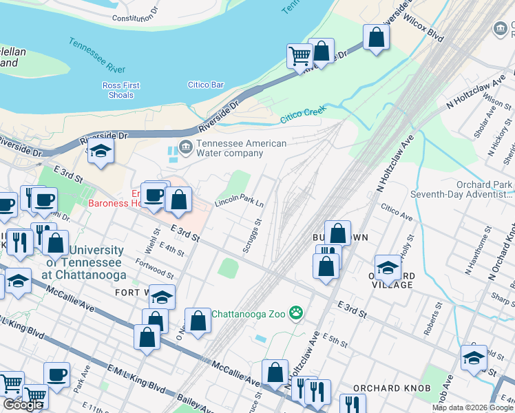 map of restaurants, bars, coffee shops, grocery stores, and more near 45 Scruggs Street in Chattanooga