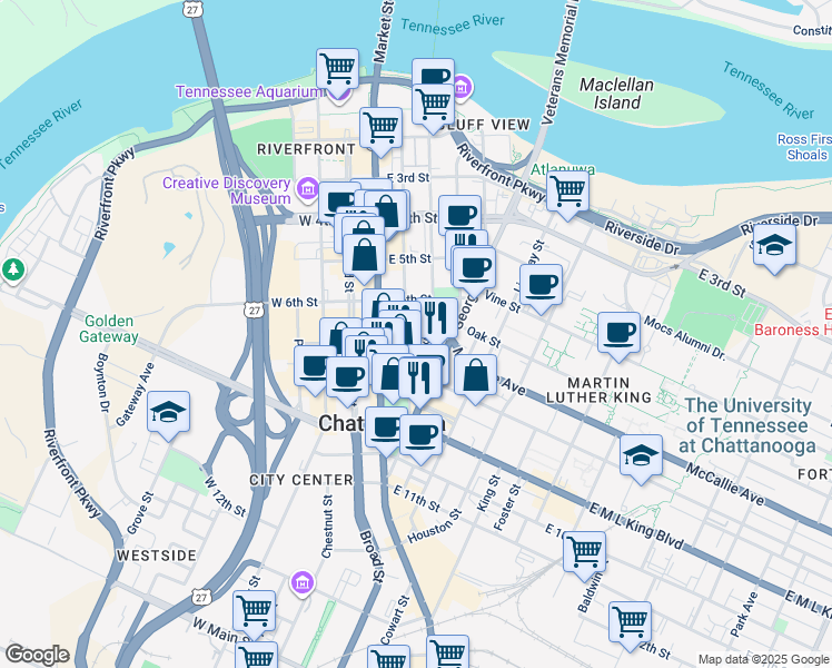 map of restaurants, bars, coffee shops, grocery stores, and more near 609 Walnut Street in Chattanooga