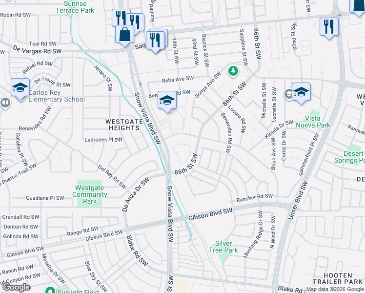 map of restaurants, bars, coffee shops, grocery stores, and more near 9209 Red Rock Road Southwest in Albuquerque