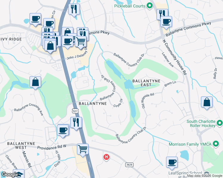 map of restaurants, bars, coffee shops, grocery stores, and more near 14732 Ballantyne Country Club Drive in Charlotte