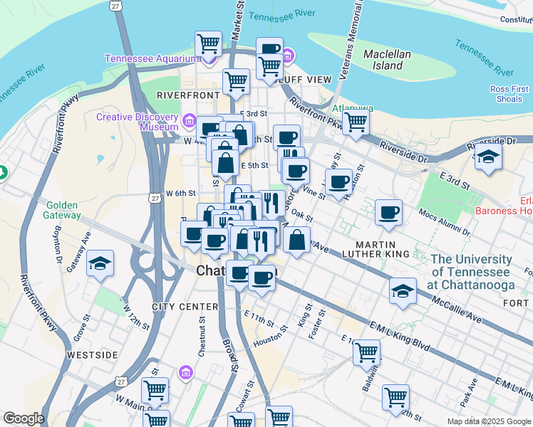 map of restaurants, bars, coffee shops, grocery stores, and more near 609 Walnut Street in Chattanooga