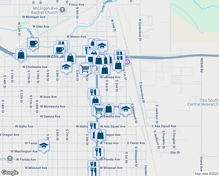 map of restaurants, bars, coffee shops, grocery stores, and more near 227 West Colorado Avenue in Chickasha