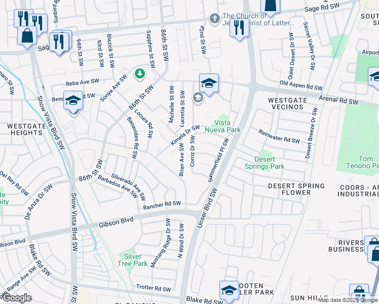 map of restaurants, bars, coffee shops, grocery stores, and more near 1512 Brian Avenue Southwest in Albuquerque