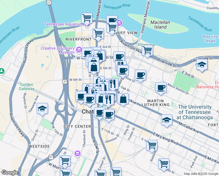 map of restaurants, bars, coffee shops, grocery stores, and more near 117 East 7th Street in Chattanooga
