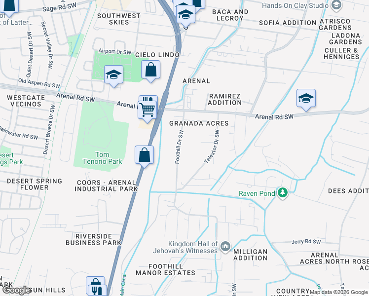 map of restaurants, bars, coffee shops, grocery stores, and more near 2002 Foothill Drive Southwest in Albuquerque