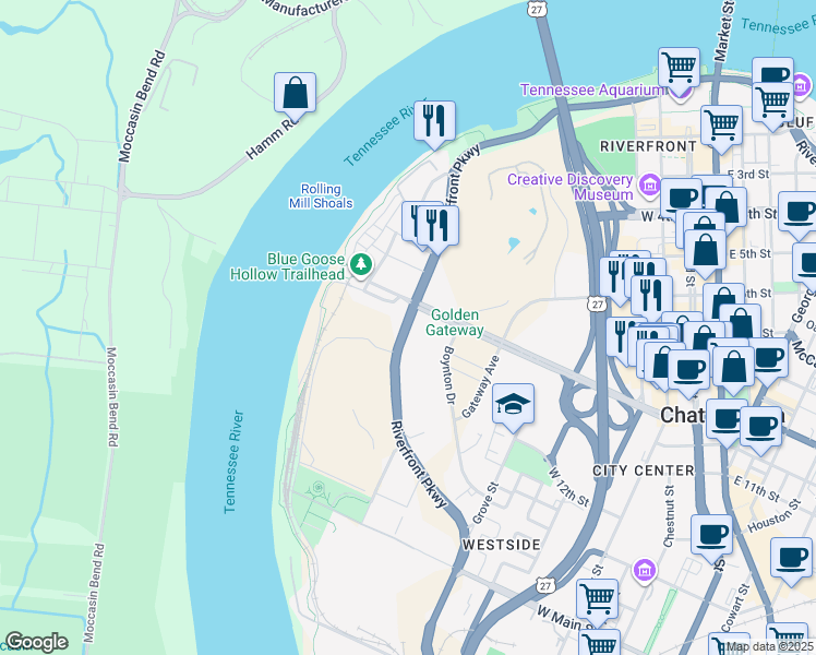 map of restaurants, bars, coffee shops, grocery stores, and more near 900 Riverfront Pkwy in Chattanooga