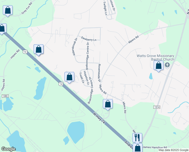 map of restaurants, bars, coffee shops, grocery stores, and more near 4534 Tradd Circle in Monroe