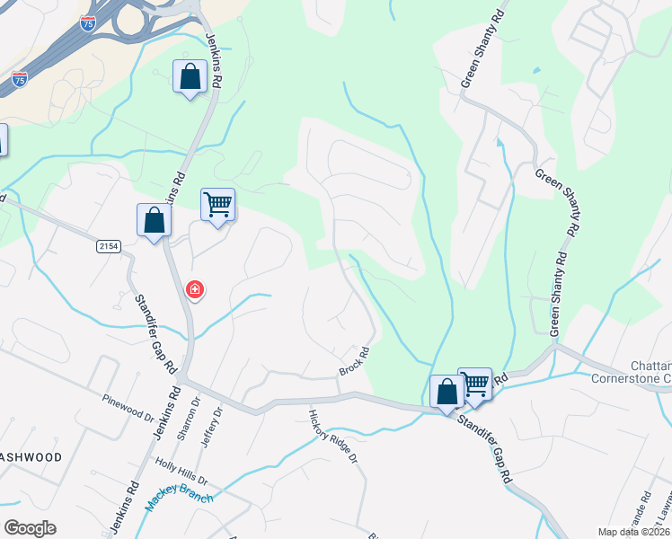 map of restaurants, bars, coffee shops, grocery stores, and more near 3910 Brock Road in Chattanooga