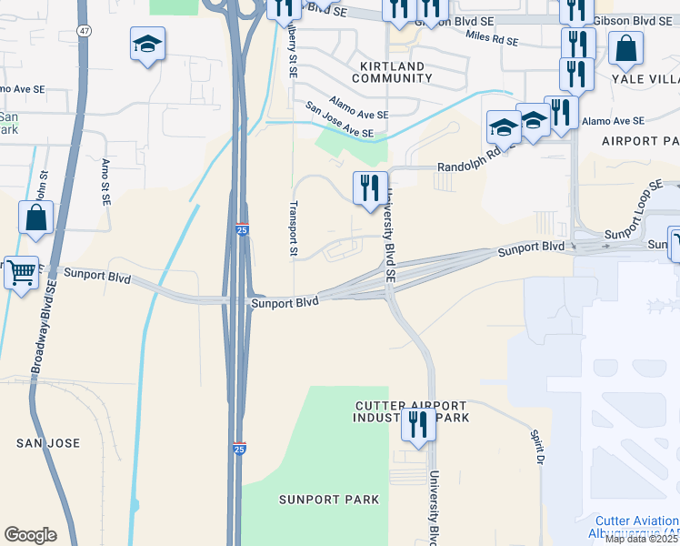 map of restaurants, bars, coffee shops, grocery stores, and more near 1400 Sunport Place Southeast in Albuquerque