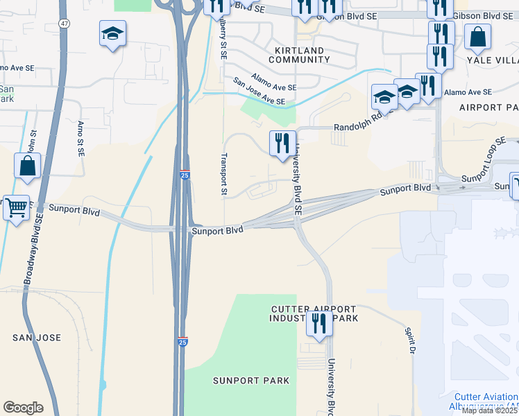 map of restaurants, bars, coffee shops, grocery stores, and more near 1400 Sunport Place Southeast in Albuquerque