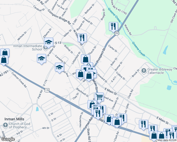 map of restaurants, bars, coffee shops, grocery stores, and more near in Inman