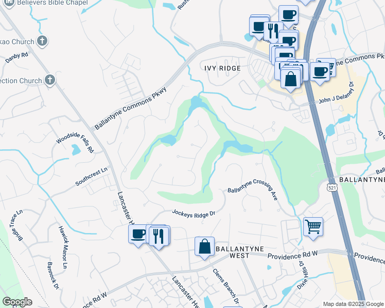 map of restaurants, bars, coffee shops, grocery stores, and more near 14720 Rudolph Dadey Drive in Charlotte