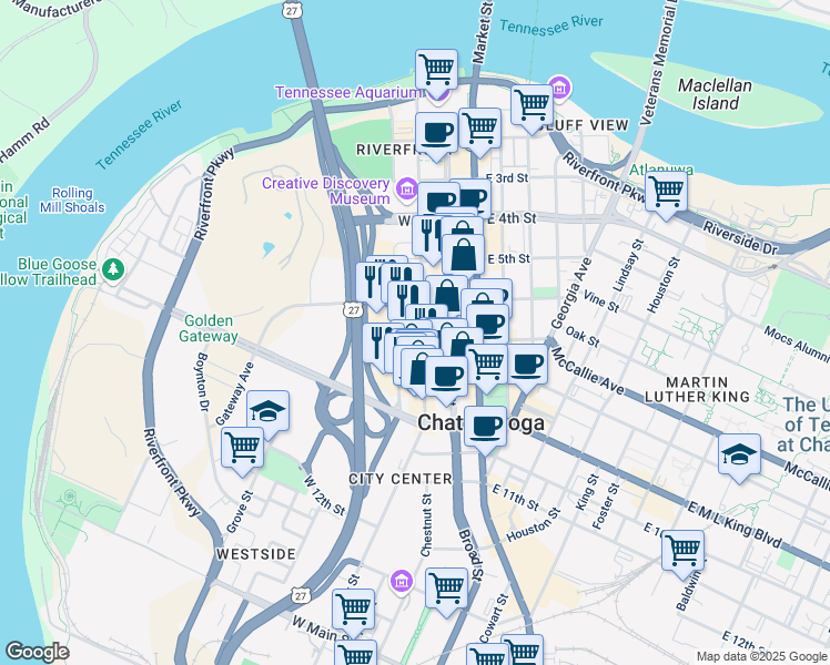 map of restaurants, bars, coffee shops, grocery stores, and more near in Chattanooga