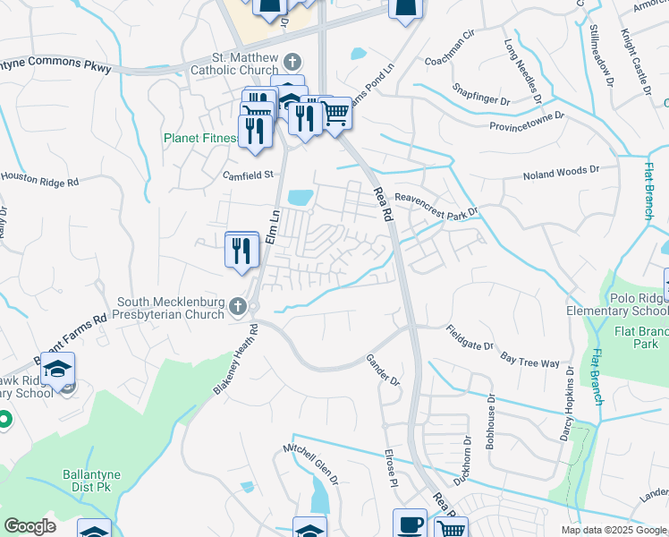 map of restaurants, bars, coffee shops, grocery stores, and more near 9005 Grand Oak Drive in Charlotte