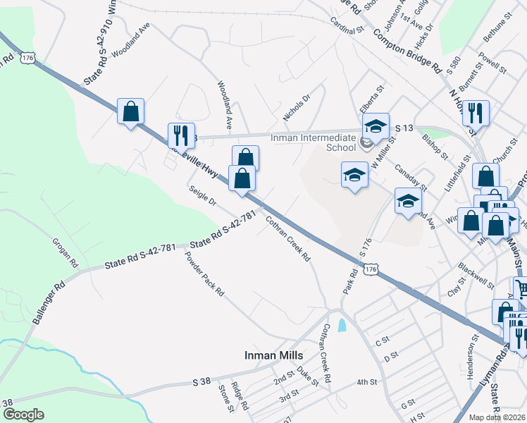map of restaurants, bars, coffee shops, grocery stores, and more near 13021 Asheville Highway in Inman