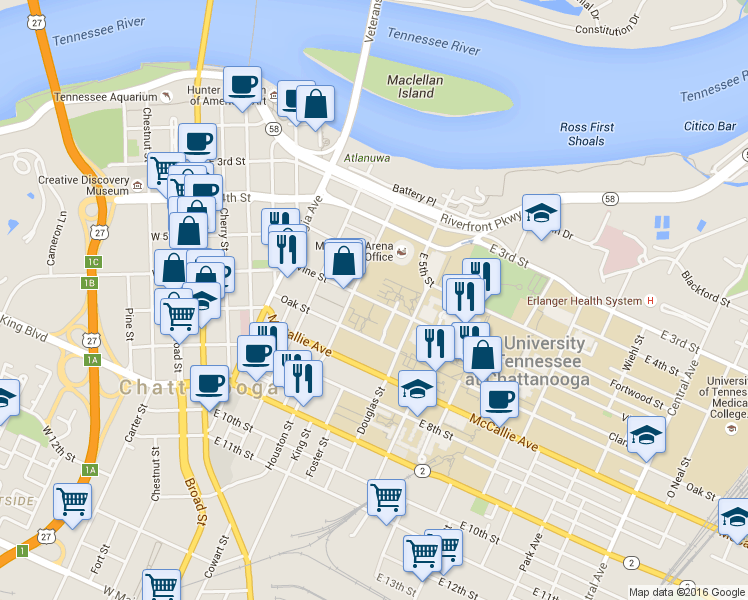 map of restaurants, bars, coffee shops, grocery stores, and more near 541 Vine Street in Chattanooga