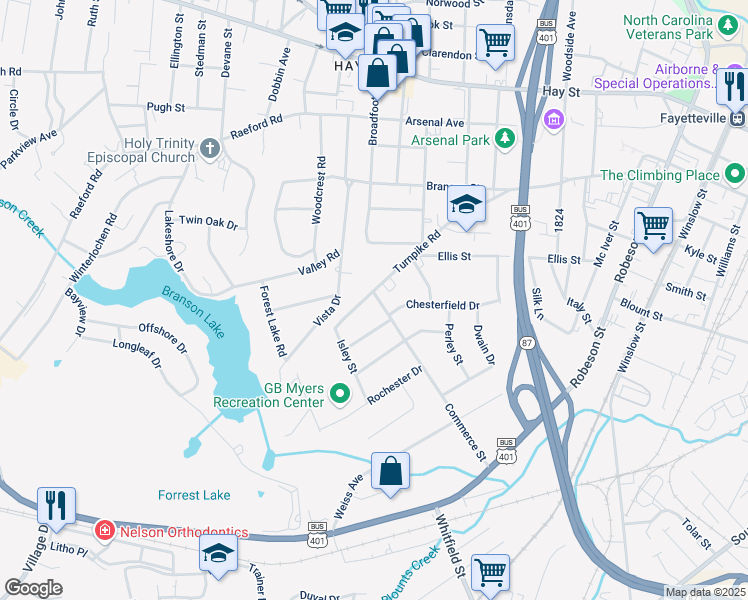 map of restaurants, bars, coffee shops, grocery stores, and more near 1129 Turnpike Road in Fayetteville